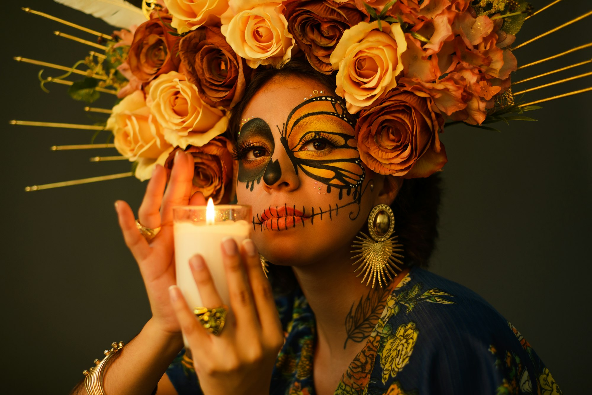 Portrait of a woman with sugar skull makeup. Halloween and day of the dead makeup.